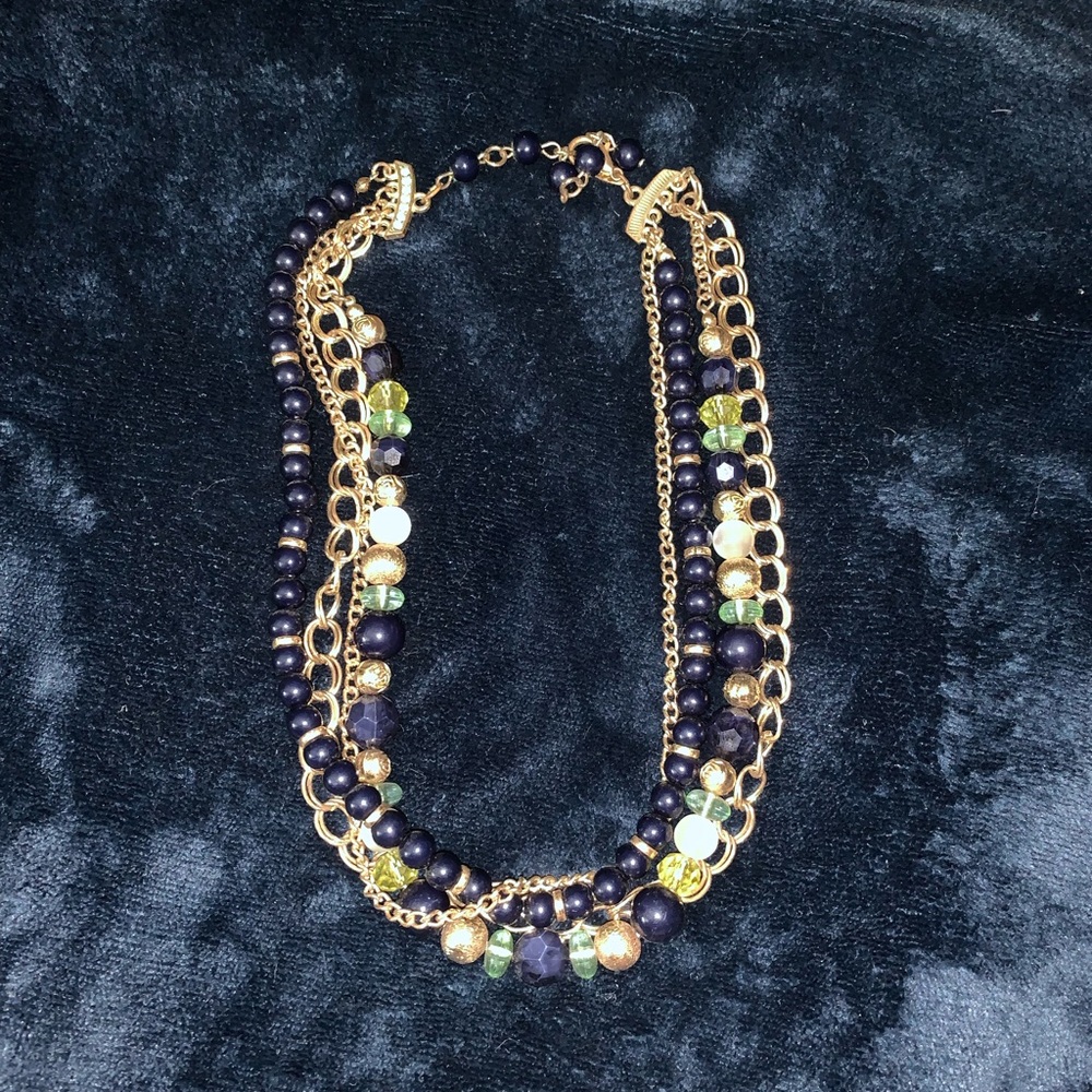 Multi strand necklace with navy, gold and green